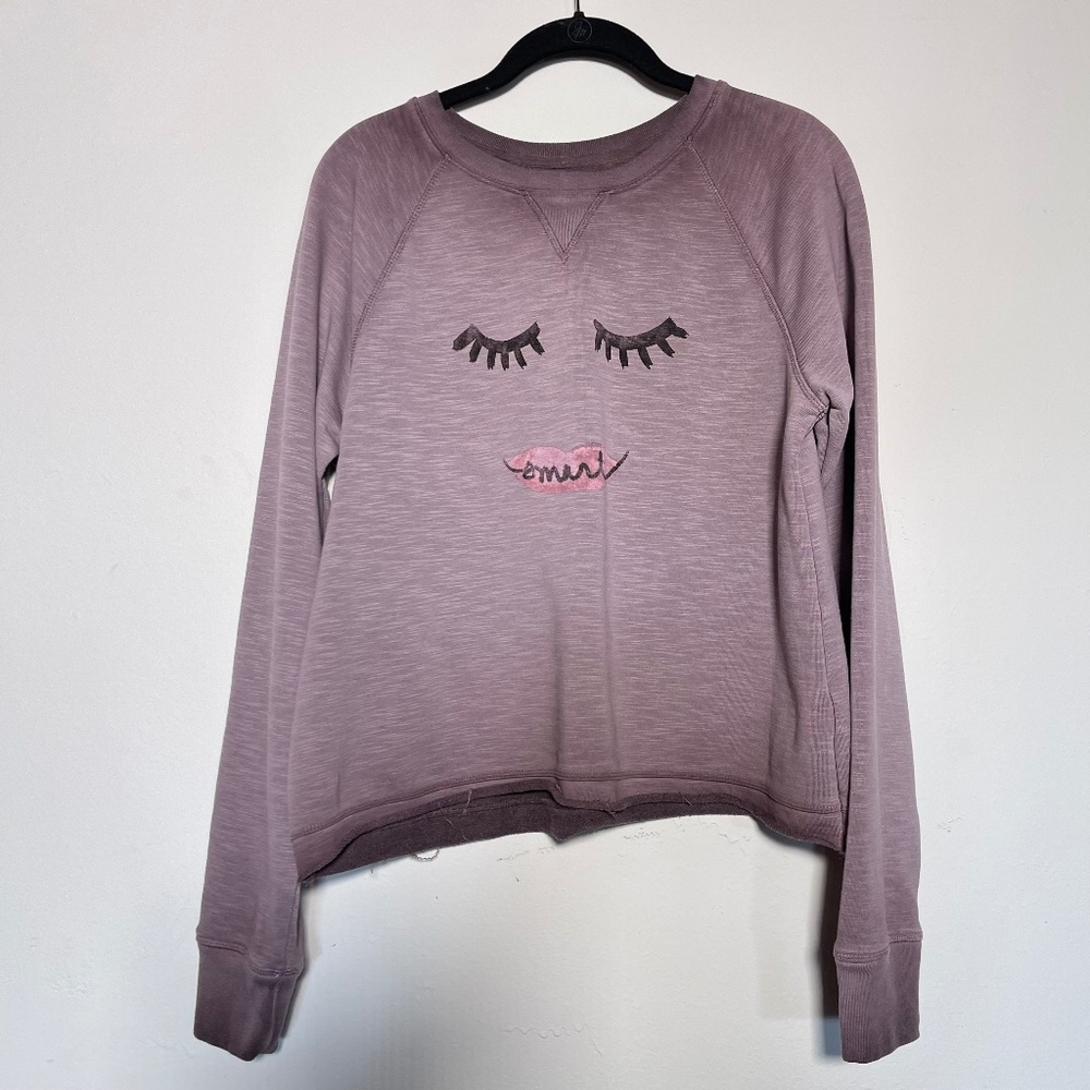 ANTHROPOLOGIE Saturday Sunday Purple Smart Mouth Face Raw Hem Sweater Sz Medium
